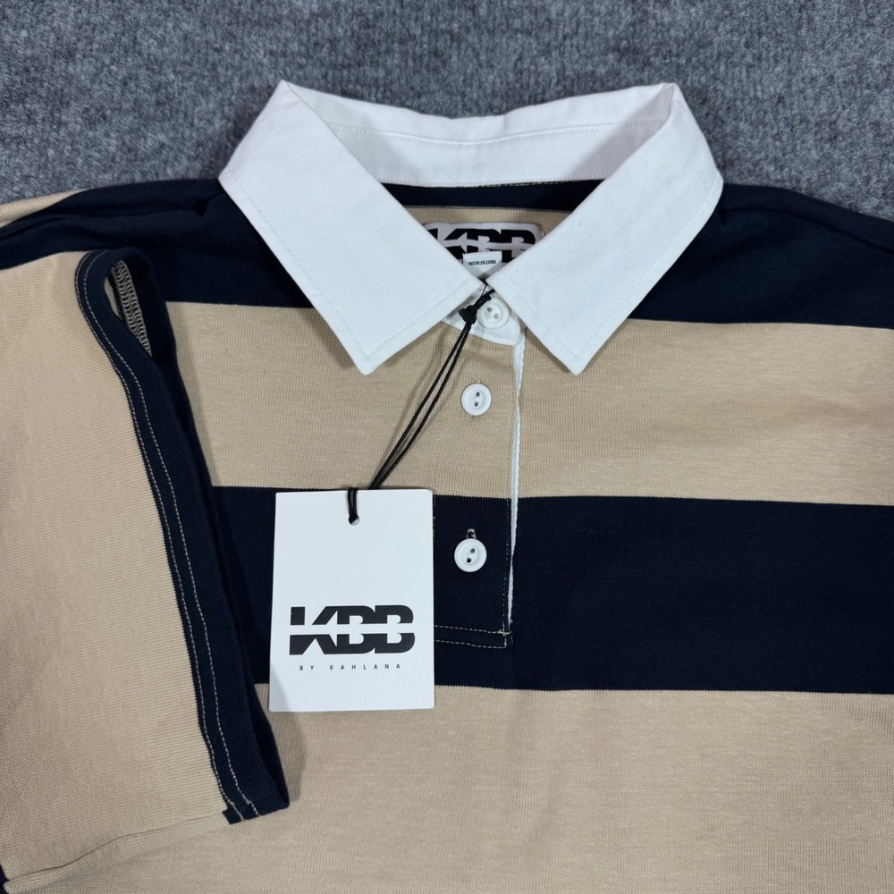 KBB by Kahlana Striped Rugby Polo Shirt Womens Large Tan Black Cotton NWT NEW*